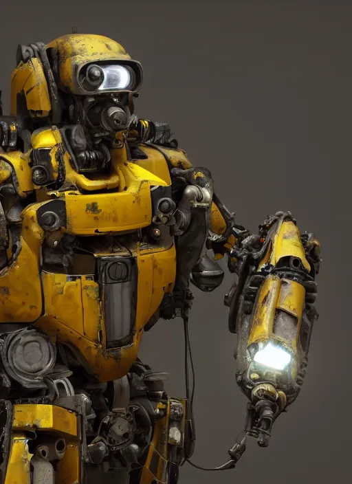 Image similar to a photorealistic dramatic hyperrealistic render of a futuristic exosuit power loader heavy machinery, ultra realistic details, glossy yellow, well worn, rust, oil stains by vitaly bulgarov and mike nash, beautiful dramatic dark moody tones and lighting, cinematic atmosphere, studio lighting, shadows, dark background, octane render, 8 k