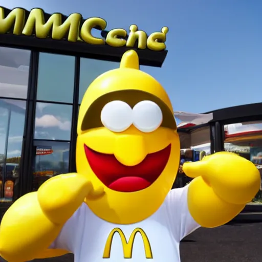 Image similar to anthropomorphic lemon working at mcdonalds wearing mcdonalds hat