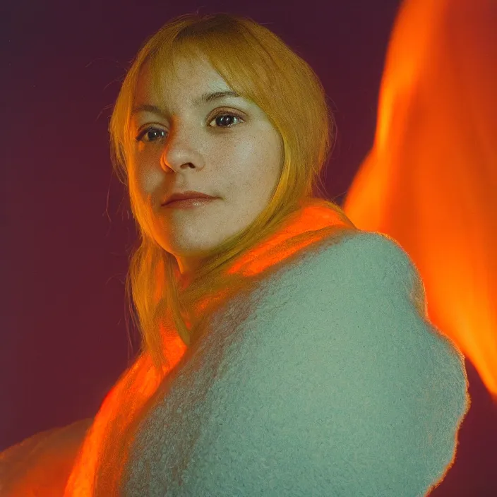 Image similar to closeup portrait of a woman wrapped in orange fiber, standing in alaska, aurora borealis in background, color photograph, by vincent desiderio, canon eos c 3 0 0, ƒ 1. 8, 3 5 mm, 8 k, medium - format print