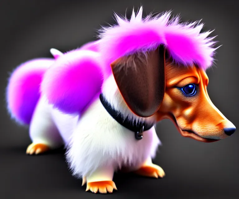 Prompt: high quality 3 d render hyperrealist very cute fluffy dachshund - pokemon, plush mascot, long spiky fluffy smooth hair, photo from the side, multi colors, vivid colors, vray, smooth background, artstation, ultra detailed