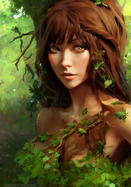 Image similar to greg manchess a realistic anime portrait of a beautiful dryad with glowing green eyes and tree bark skin wearing clothes made of leaves, digital painting, by stanley artgerm lau, sakimichan, wlop and rossdraws, digtial painting, trending on artstation