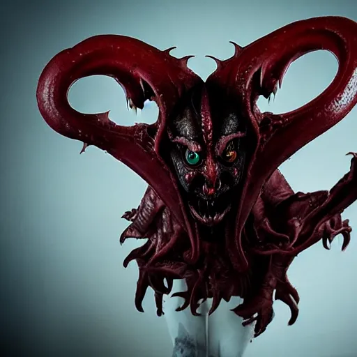 Image similar to a demon inspired by squids created by the make up artist hungry, photographed by andrew thomas huang, cinematic, expensive visual effects