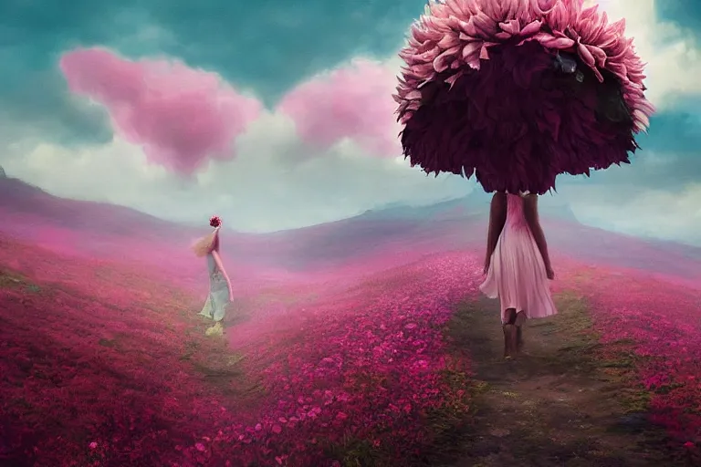 Image similar to giant dahlia flower crown head, girl walking on a mountain, surreal photography, pink storm clouds, dramatic light, impressionist painting, digital painting, artstation, simon stalenhag