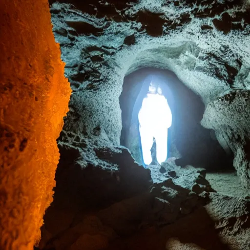 Prompt: photo inside a cave of a building and a giant orange glowing transparent humanoid of one thousand feet of height