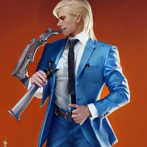 Image similar to artgerm portrait painting of a blond man in a blue suit with a sword and a pistol, asymmetrical, profile picture, organic painting, sunny day, matte painting, bold shapes, hard edges, street art, trending on artstation, by huang guangjian, gil elvgren, ruan jia, randy vargas, greg rutkowski