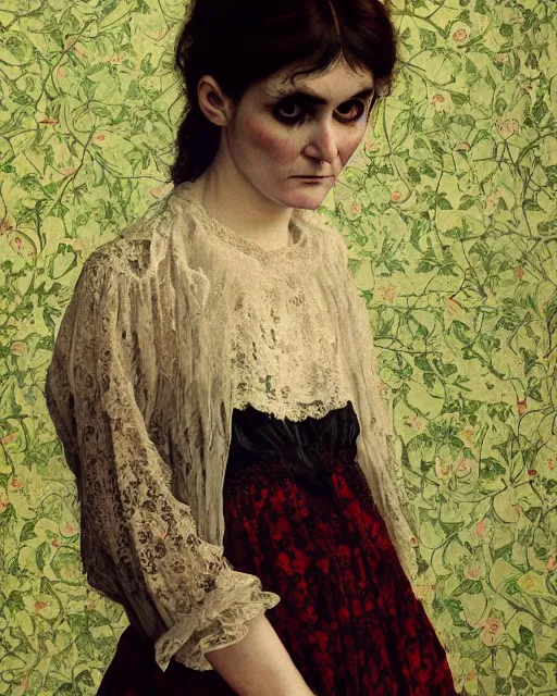 Image similar to a beautiful but sinister girl who looks like shirley henderson in layers of fear, wearing goth lace, with fierce eyes and wild hair, 1 9 7 0 s, seventies, floral wallpaper, delicate embellishments, a little blood, crimson, painterly, offset printing technique, by jules bastien - lepage