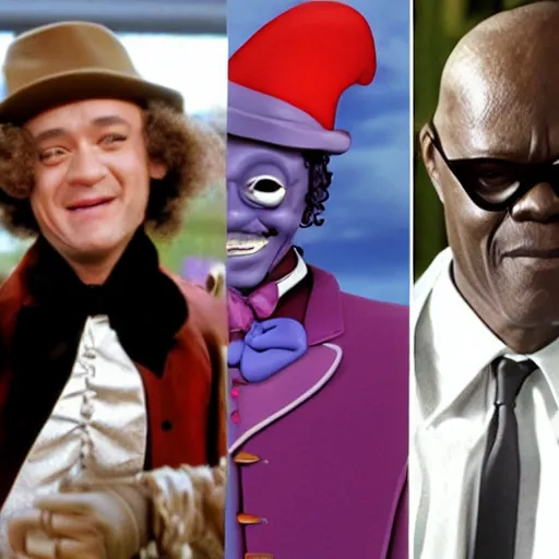 Prompt: Tom Hanks as Samuel L. Jackson dressed as Willy Wonka