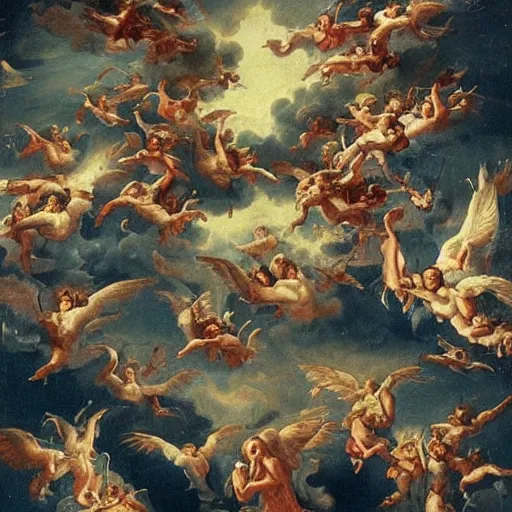 Image similar to thousands of rebel angels falling from heaven as meterorites, epic lighting, disaster clouds,