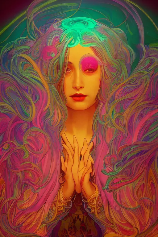 Image similar to a gorgeous woman surrounded by colorful liquid clouds and neon smoke, extremely detailed, super psychedelic experience, psilocybin, dmt, lsd, face, highly detailed, artstation, alphonse mucha, hana yata, and artem demura and beeple, octane render, unreal engine, 8 k