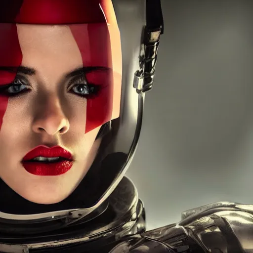 Image similar to headshot of an beautiful female soldier in glossy sleek white armor with tiny red details and a long red cape, downward angle, determined expression, on the surface of mars, night time, dramatic lighting, cinematic, sci-fi, hyperrealistic