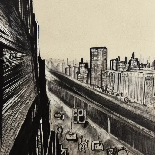 Image similar to google mild, spirited by simon bisley, by kara walker, by diane arbus. a print of a cityscape. the print shows a view from an elevated train line of the city below.