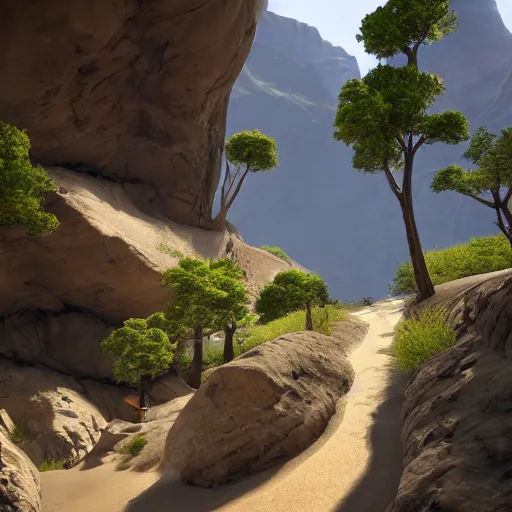 Image similar to pathway canyon in between mountains, unreal engine, high detail, realism, award winning, detailed lighting