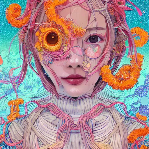 Image similar to the face of a ridiculously beautiful and cute japanese girl partially made of onion rings of all colors looking down, an ultrafine detailed illustration by james jean, final fantasy, intricate linework, bright colors, behance contest winner, vanitas, angular, altermodern, unreal engine 5 highly rendered, global illumination, radiant light, detailed and intricate environment