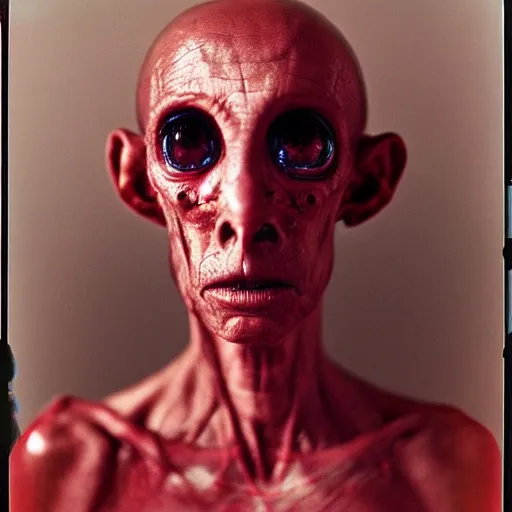 Prompt: a realistic photograph of a alien with glowing red eyes taken by sally mann, portrait, hazy, muted colors, detailed, bleak, 125mm