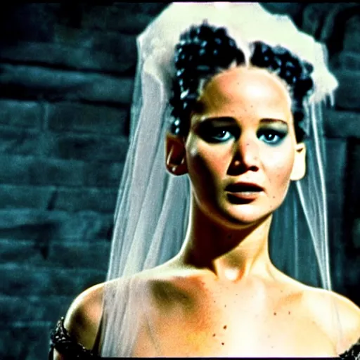 Prompt: jennifer lawrence as the bride of frankenstein, color photography, sharp detail, still from the movie mary shelly's frankenstein