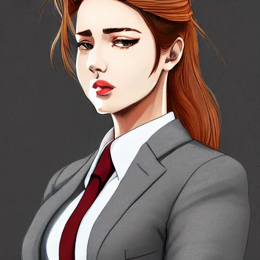 Image similar to woman in grey business suit, brown neat hair, pixiv, fanbox, trending on artstation, portrait, modern, sleek, highly detailed, formal, serious, determined, competent, colorized, smooth, charming, pretty, safe for work