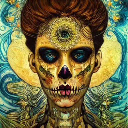 Image similar to Memento Mori by Karol Bak, Jean Deville, Gustav Klimt, and Vincent Van Gogh, beautiful visionary mystical portrait, calavera, otherworldly, fractal structures, ornate gilded medieval icon, third eye, spirals, sugar skull