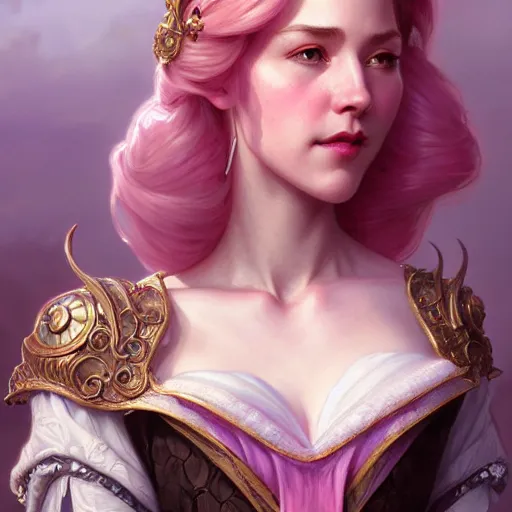 Prompt: aristocrat, subtle smile, female, d & d, fantasy, intricate, elegant, highly detailed, long pink hair, digital painting, artstation, octane render, concept art, matte, sharp focus, illustration, hearthstone, art by artgerm, alphonse mucha johannes voss