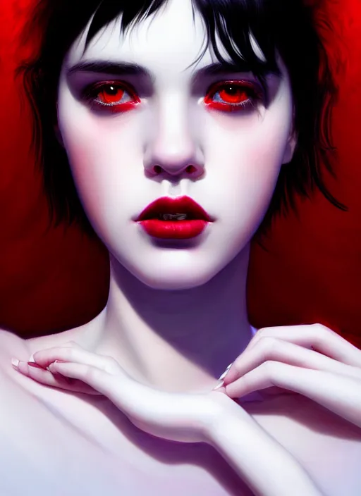 Image similar to portrait of teenage girl, red irises, red eyes, black hair, white bangs, purple lipstick, white bangs, bangs, black hair and white bangs, intricate, elegant, glowing lights, highly detailed, digital painting, artstation, concept art, smooth, sharp focus, illustration, art by wlop, mars ravelo and greg rutkowski