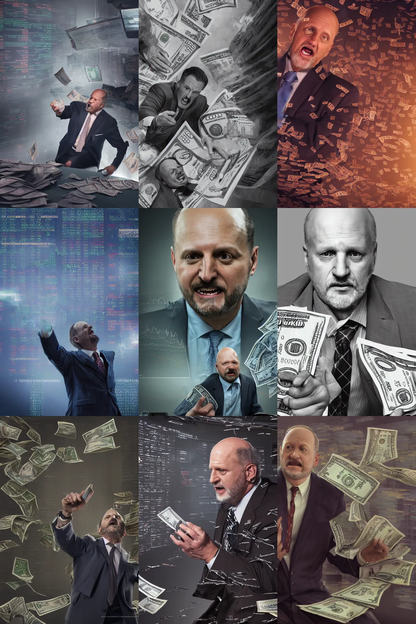 Prompt: an insanely detailed portrait of jim cramer losing money on the stock market, highly detailed, dramatic lighting and composition, octane render, trending on artstation, concept art 8 k