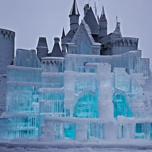 Image similar to A castle made entirely of ice, with snow-capped towers and a frozen moat