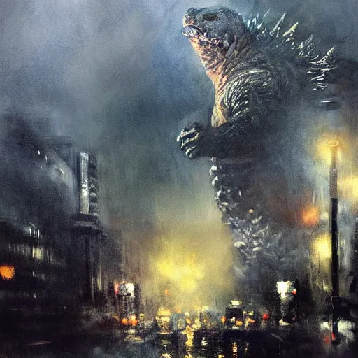 Image similar to godzilla painting by jeremy mann, highly detailed