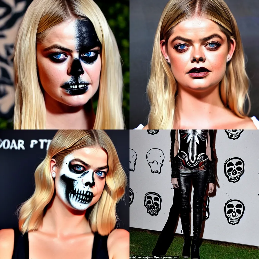 Prompt: Samara Weaving with skull paint on her face, full body, holding a shotgun