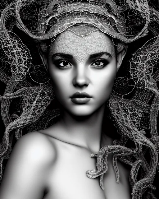 Image similar to surreal mythical dreamy artistic black and white fine art photo of a beautiful young female queen - medusa - cyborg covered with lace fish scales and translucent algae, highly detailed, intricate crystal ivy lace jelly fish scales ornate, poetic, octane render, 8 k, photo - realistic