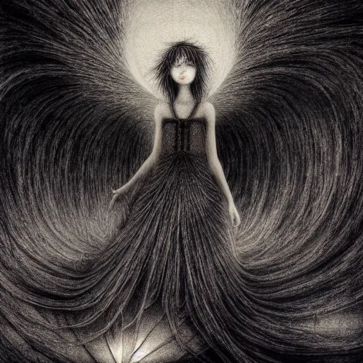 Image similar to descending into madness by itsuko azuma, kinuko y. craft, tanaka suguru, remedios varo, graphite, dreamy, mysterious, hyper detailed