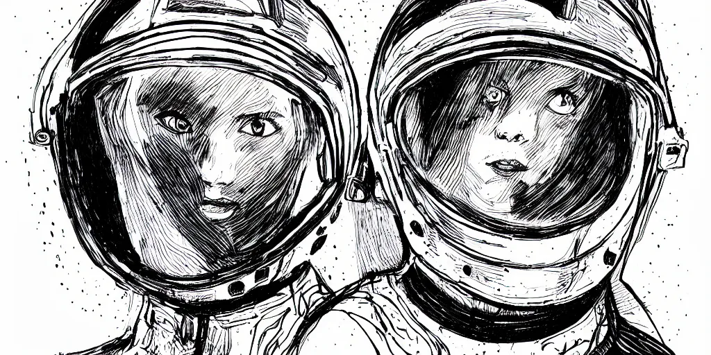 Image similar to ink lineart drawing portrait of a woman wearing a space helmet, closeup of her eyes, space background, artstation, etchings by goya, chinese brush pen, illustration, high contrast, deep black tones contour