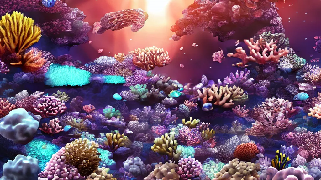 Image similar to coral reef with fish and light rays, raytracing, 8 k uhd, octane render, unreal engine, hyper detailed