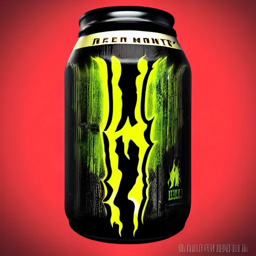 Image similar to New drink from monster energy, red long jar, black symbol, golden elements