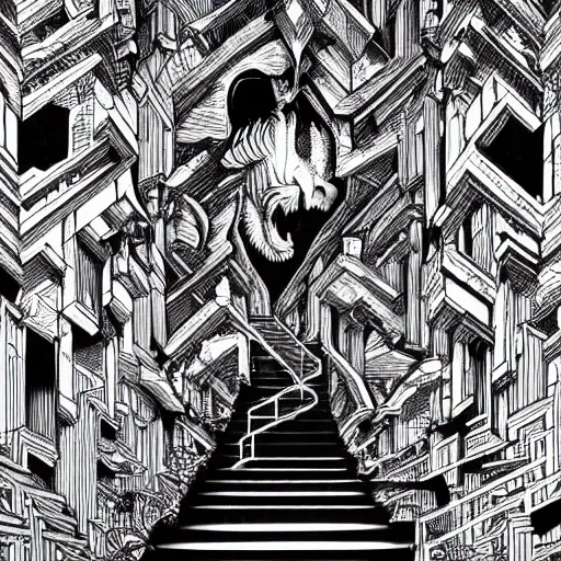 Image similar to a huge howling angry wolf in a huge bright maze of many doorways and lots of stairs, many doorways, inside MC Escher architecture, artstation, Junji Ito, epic composition, detailed background