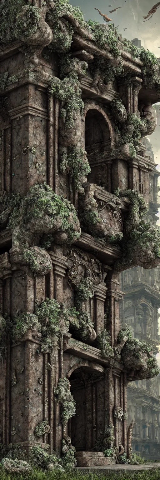 Prompt: ruined ancient lichen covered monument surrounded by biomechanical creatures,solarpunk , ultra realistic, hyper detailed, 8k, octane render