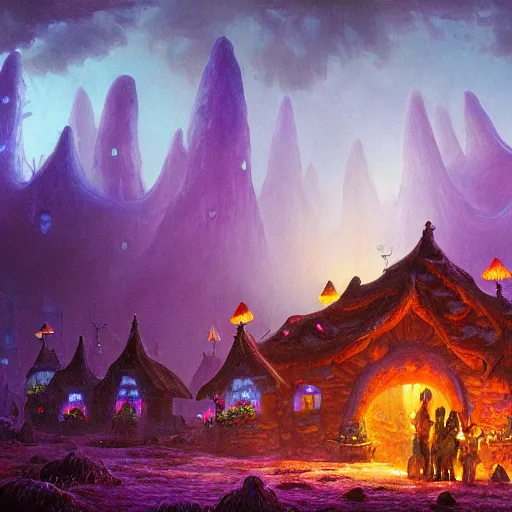 Prompt: concept art detailed painting of a dark purple fantasy fungal town made of mushrooms, with glowing blue lights, in the style of albert bierstadt