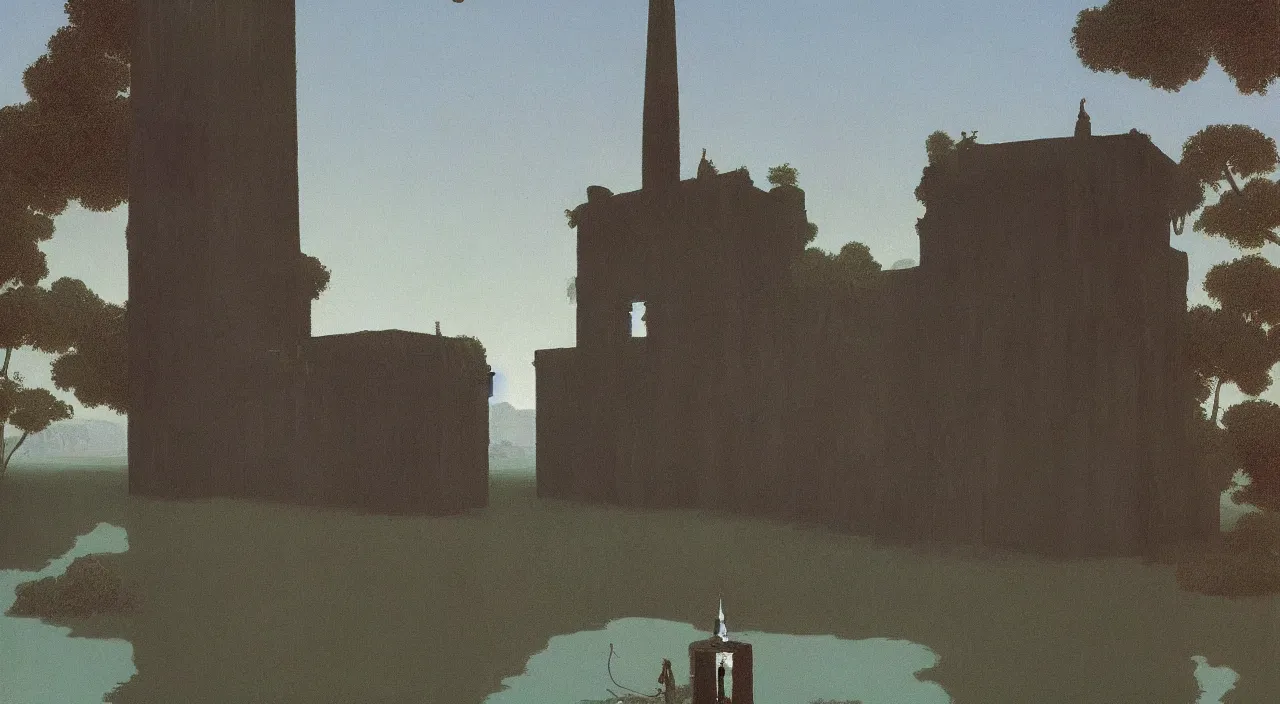 Image similar to single flooded simple ancient tower, very coherent and colorful high contrast!! masterpiece by rene magritte simon stalenhag carl spitzweg syd mead norman rockwell edward hopper james gilleard, minimalist, dark shadows, sunny day, hard lighting