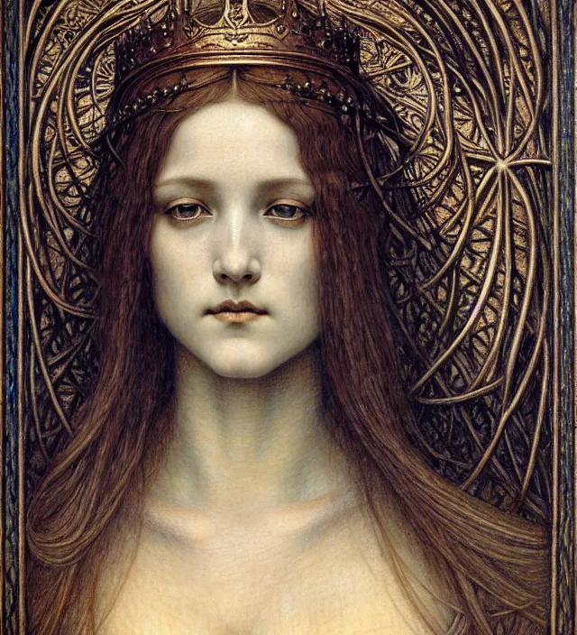 Image similar to detailed realistic beautiful young medieval queen face portrait by jean delville, gustave dore and marco mazzoni, art nouveau, symbolist, visionary, gothic, pre - raphaelite. horizontal symmetry