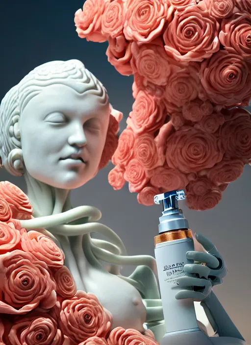 Prompt: biomechanical corals, daisies, roses in sea foam water, well contoured smooth fair walls with marble statue, carrying a bottle of perfume, up close shot, sharp focus, global illumination, radiant light, alexandre ferra white mecha, irakli nadar, octane highly render, 4 k, ultra hd,