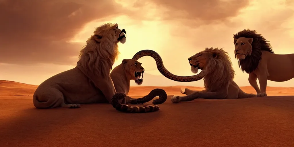 Image similar to a wise old man with a long white beard riding a lion in the desert, the man in holding a snake as though it where handlebars and the lion is holding the snake in its mouth, epic cinematic establishing shot, dramatic lighting