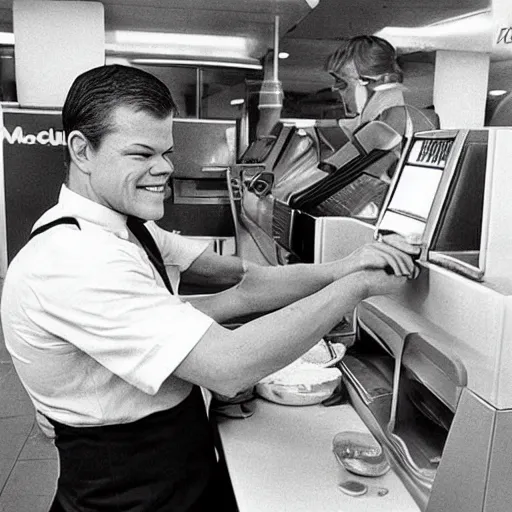 Prompt: matt damon working at mcdonald ’ s in 1 9 7 0 s