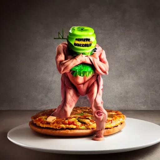 Image similar to a humanoid bipedal upright zombie that strongly resembles a hamburger, professional food photography