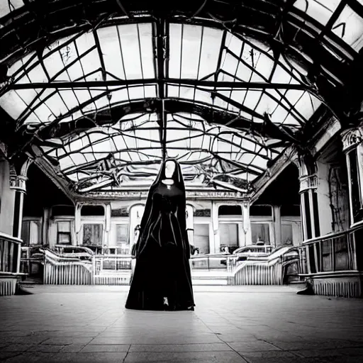 Image similar to creepy ghost woman in elaborate dress in haunted train station, grotesque architecture, atmospheric horror