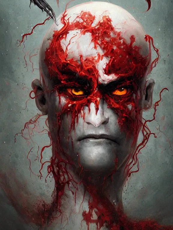 Image similar to painting by greg rutkowski of a flying sorrowful looking severed human head with tears running down it's eyes, face that is chalk white in color, with long sprawling white tentacles stemming down it's neck, fiery scorching red eyes, flying in a terrying hellish dark cavernous place