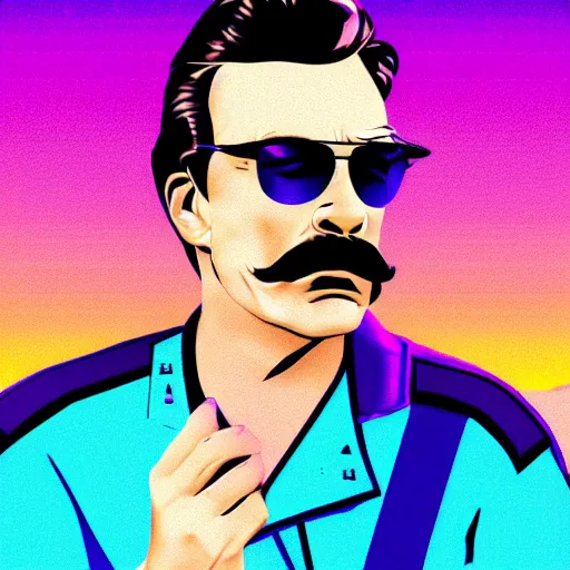 Image similar to portrait of tom selleck with light blue shutter shades in front of a sunset, a dark purple leather jacket, vector art by jan tengnagel, pixabay contest winner, retrofuturism, retrowave, synthwave, outrun