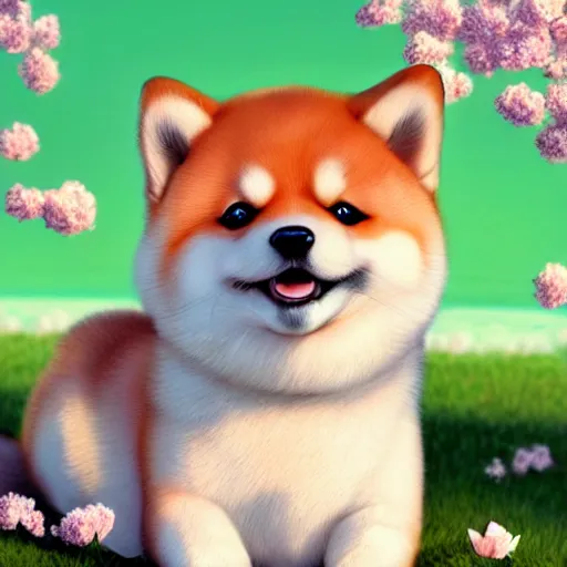 Prompt: hyper realistic cute fluffy shiba inu plays under the cherry blossom tree, highly detailed, digital painting, artstation, concept art, movie still, smooth, sharp focus uhd 8 k