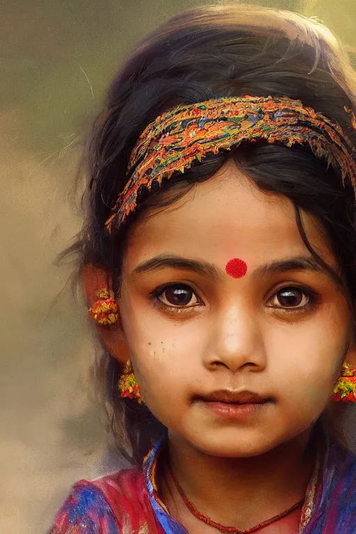 Image similar to hindu little girl, joyful, close - up portrait, intricate, elegant, volumetric lighting, scenery, digital painting, highly detailed, artstation, sharp focus, illustration, concept art, ruan jia, steve mccurry