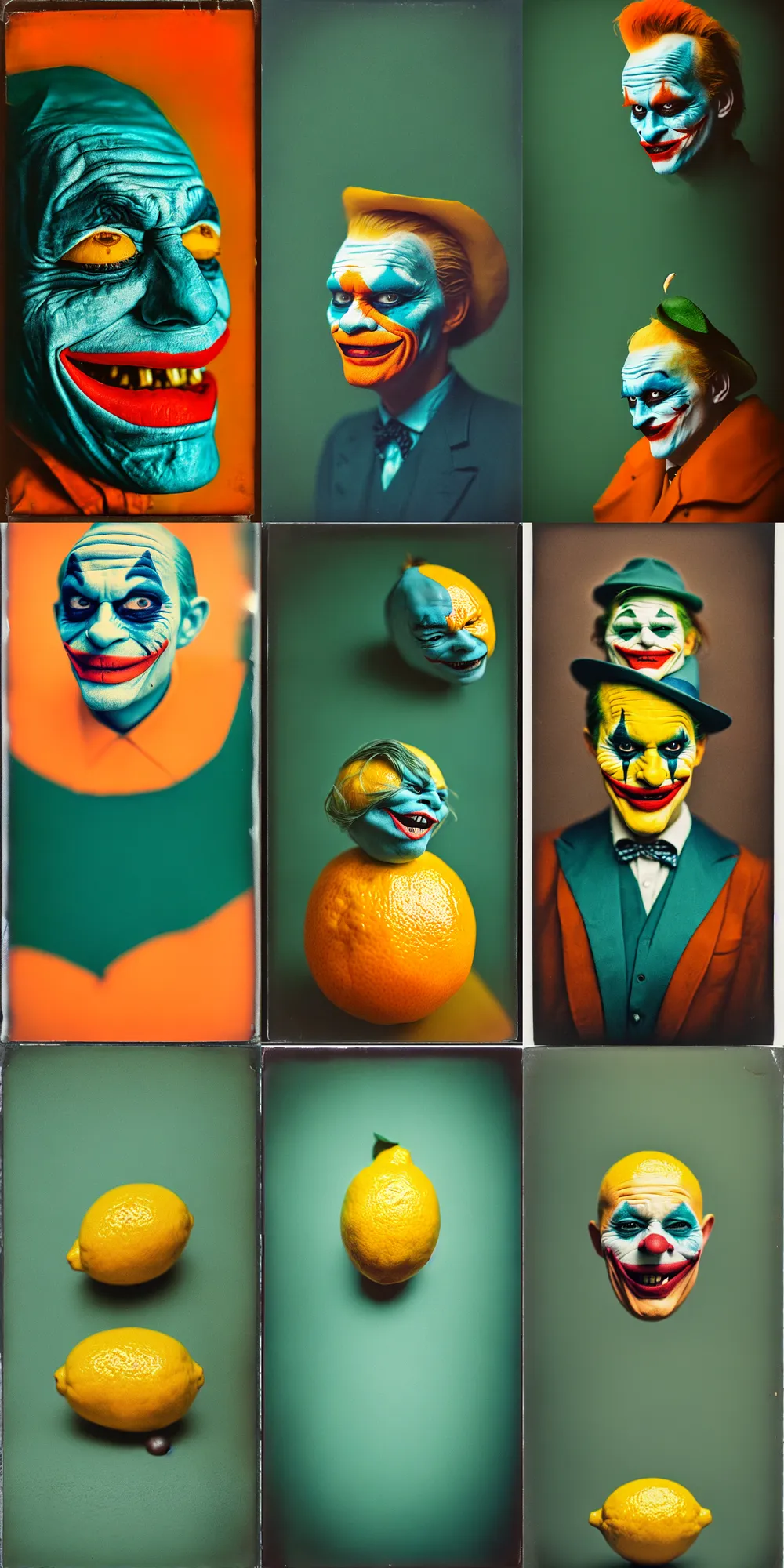 Image similar to kodak portra 4 0 0, wetplate, 8 k, shot of a highly detailed, britt marling style, colour still - life portrait of a lemon looks like 1 9 9 9 joker, teal and orange, muted coloures