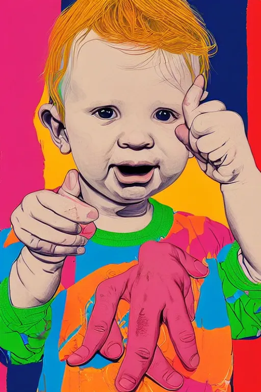 Prompt: a beautifully detailed coloured illustration of the baby boy swearing by sticking two fingers up by andrew salgado and rogier willems
