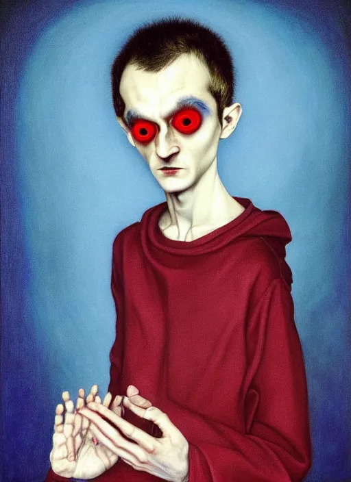 Image similar to vitalik buterin in the style of leonora carrington, gottfried helnwein, raqib shaw, chiaroscuro intricate composition, blue light by caravaggio, insanely quality, highly detailed, masterpiece, red light, artstation