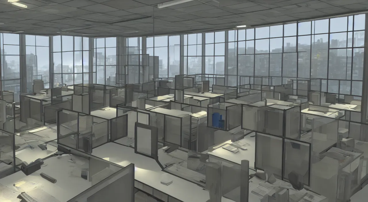 Image similar to An office at 3AM with multiple cubicles and a window that provides a view of the city, Source Engine, Gmod, Half Life 2